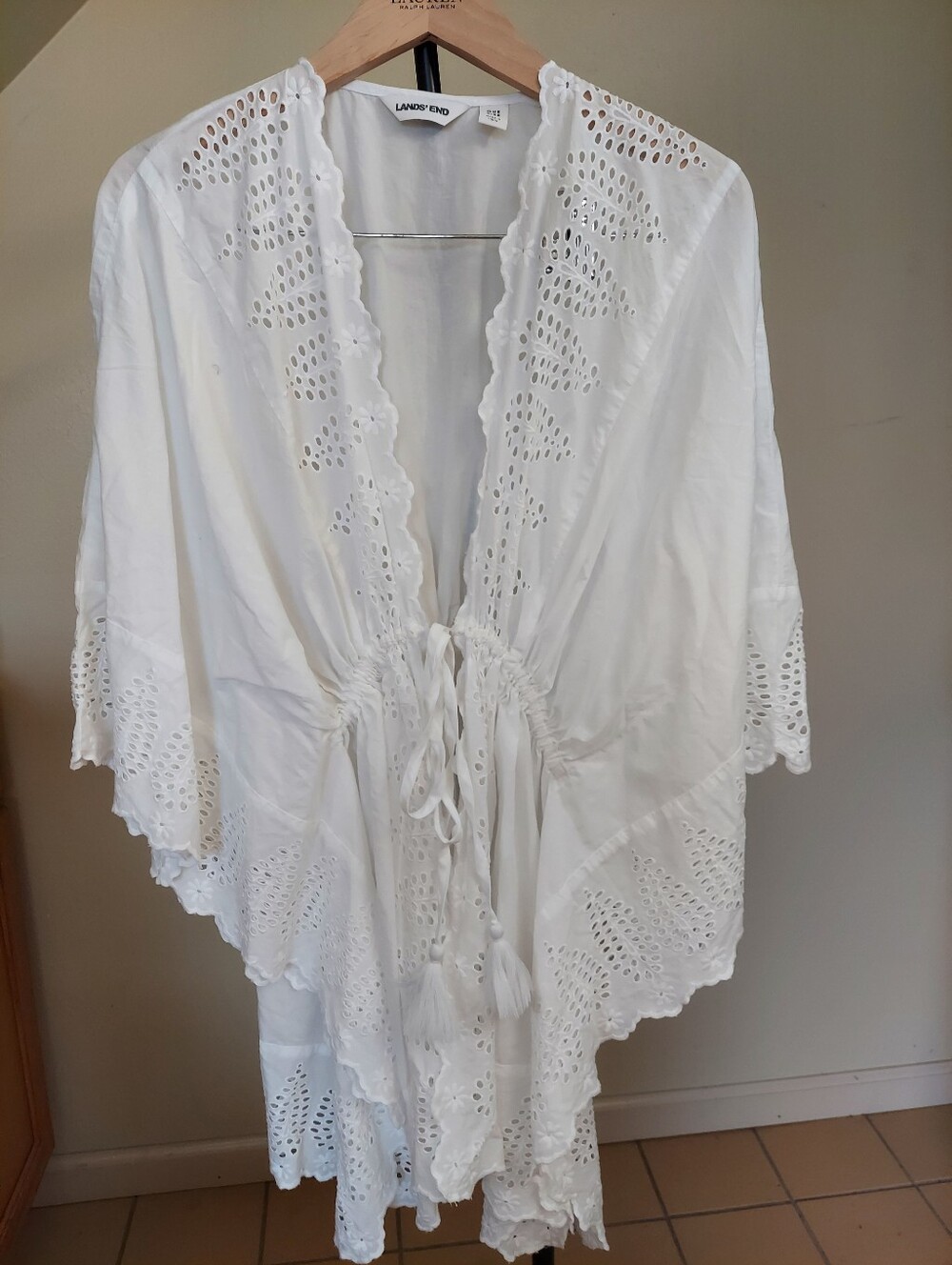 Lands' End White Eyelet Tie Front Kimono Cover-Up Swim Sz One Size
